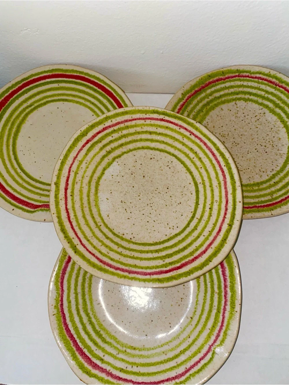 Crate & Barrel Handmade Ceramic Dinner/Salad Plate Cream, Green and Red Stripe 4